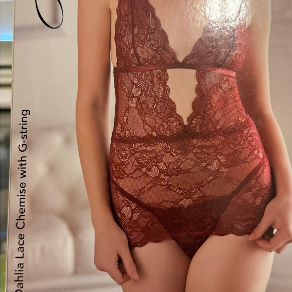 Allure Burgundy Lace Chemise with G-String - Picture 2 of 10